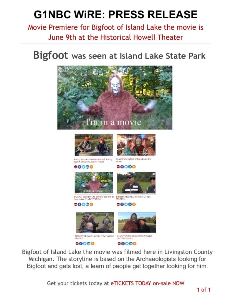 G1NBC WiRE: Movie Premiere for Bigfoot of Island Lake the movie is June 9th at the Historical Howell Theater